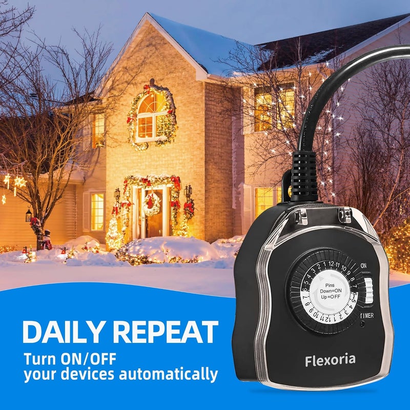 Flexoria Outdoor Timer Outlet Waterproof, 24 Hour Mechanical Plug in Light Timer, 2 Grounded Outlets for Christmas Lights, 15A 1/2 HP, ETL Listed (1 Pack) - Image 3